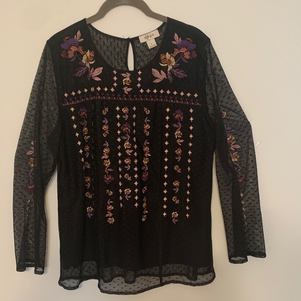 Mesh Whimsigoth Coquette Festival Vibes  Black Floral Embroidered Blouse Size Lg